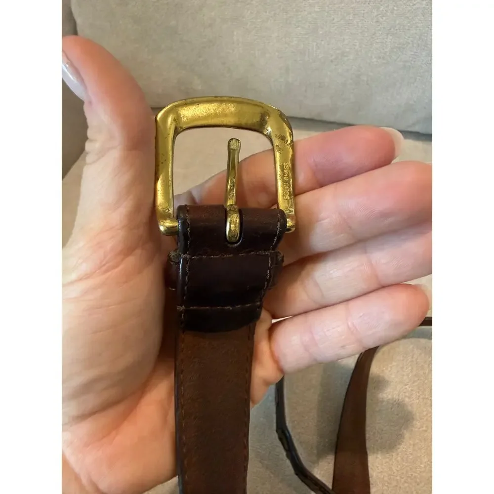 VTG Genuine Leather Belt Men‎ Brown Woven Braided Solid Brass Buckle Size 38